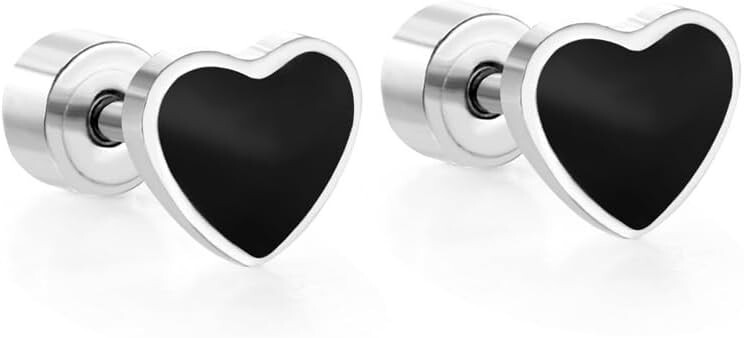 18G Black Enamel Heart Stud Earrings Screw Back for Women & Men