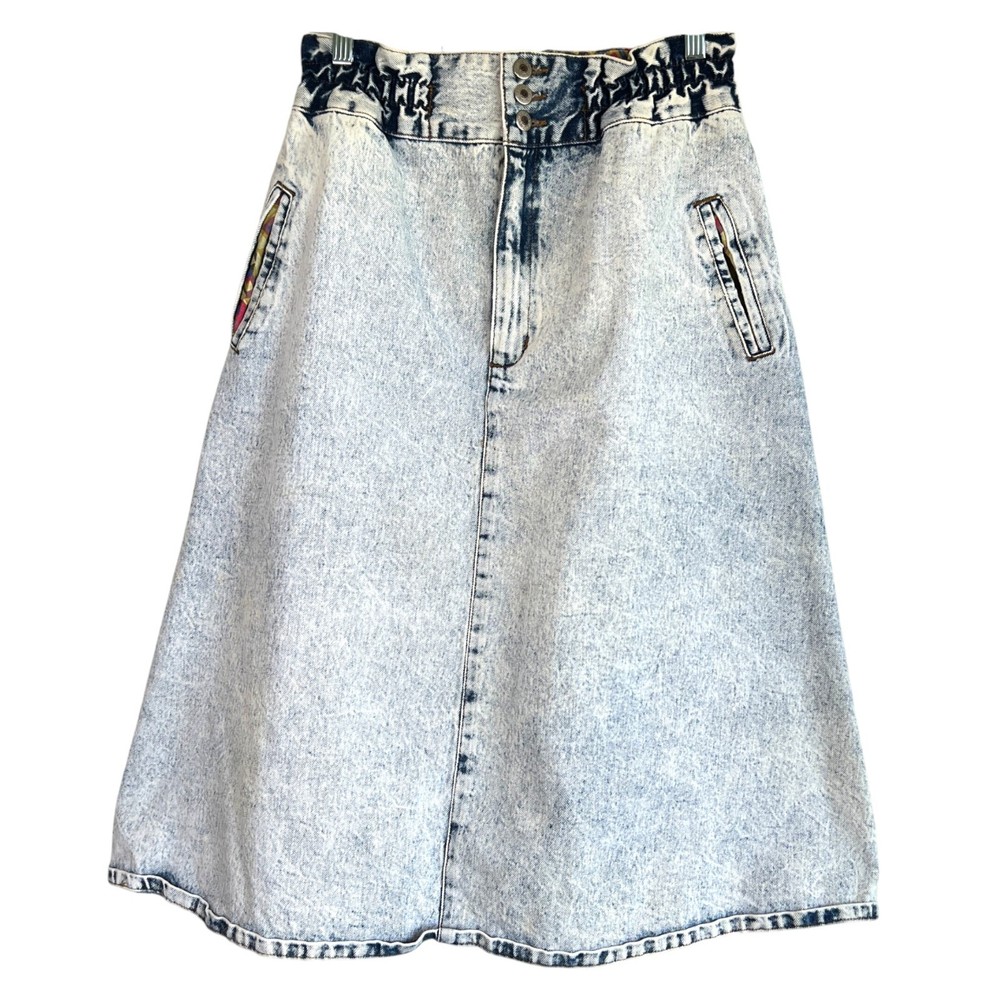 Vintage 80s Bonjour High Waist Acid Wash Midi Skirt Size 11 12 Preppy Country