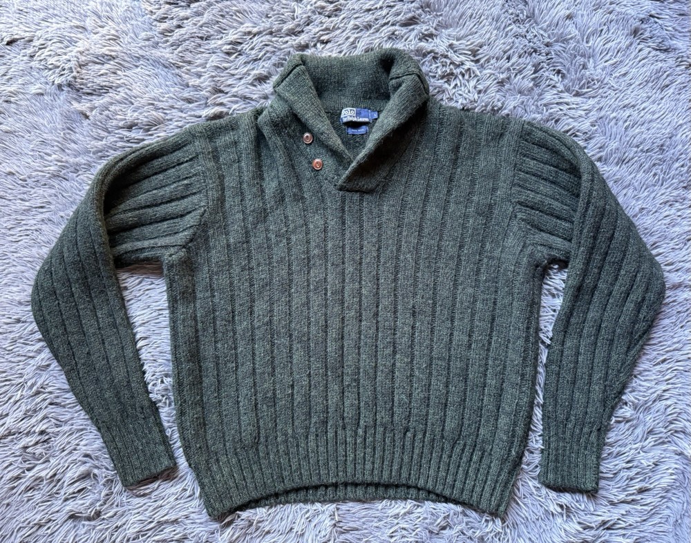 Polo Ralph Lauren Large 100% Wool Dark Green Shawl Collar Sweater