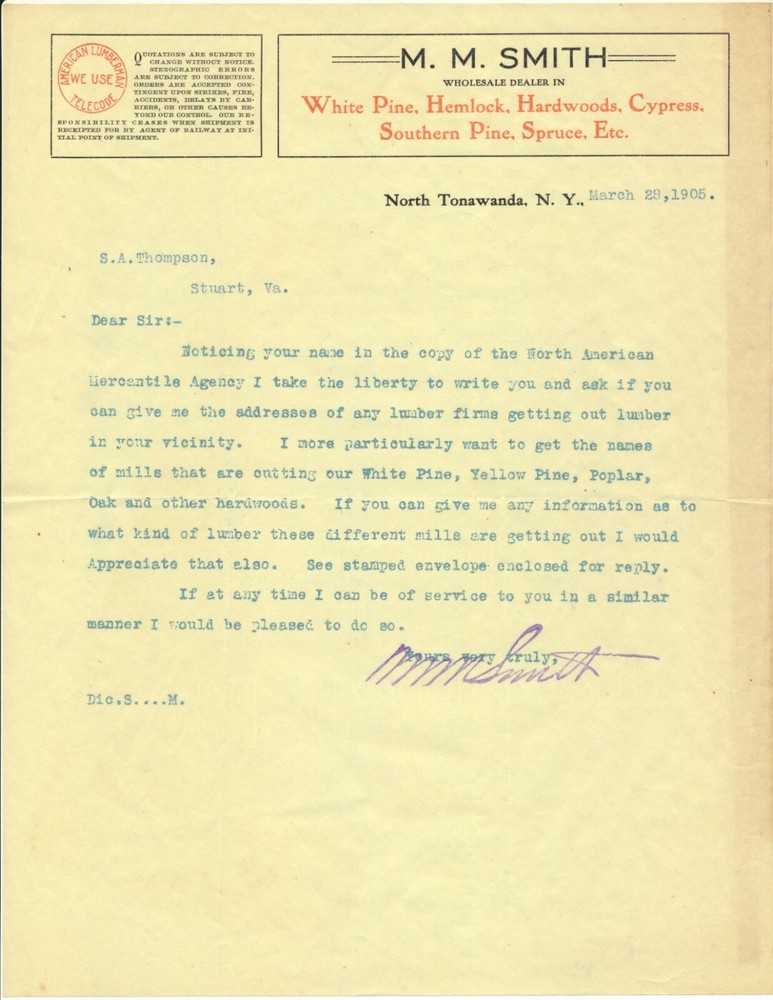M M Smith wholesale wood dealer 1905 North Tonawanda NY letterhead