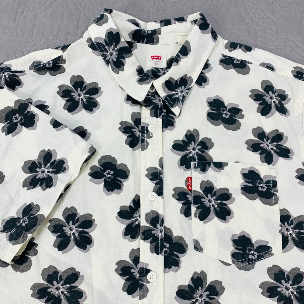 Levis Hawaiian シャツ メンズ ラージ トール ハイビスカス フローラル 麻 半袖ボタン