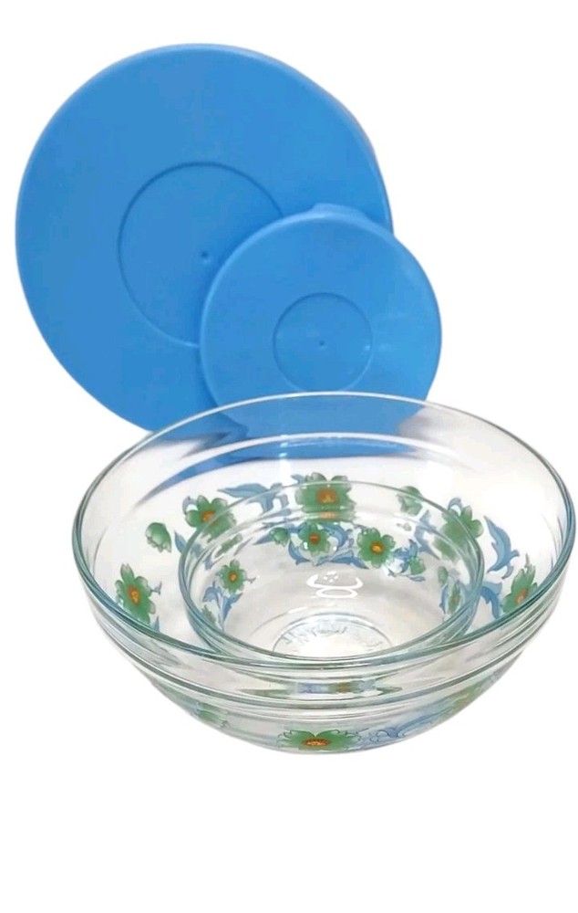 Vintage Imperial Home Glass Nesting Bowls with Lids - Blue, Green & Red Retro Kitchenware