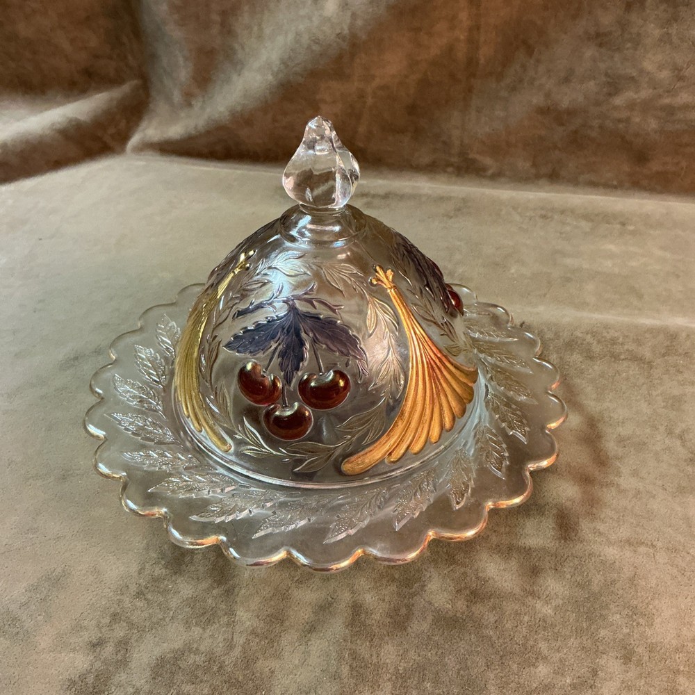 Vintage 1980s Mosser Ohio cherry gold trim clear glass butter dish