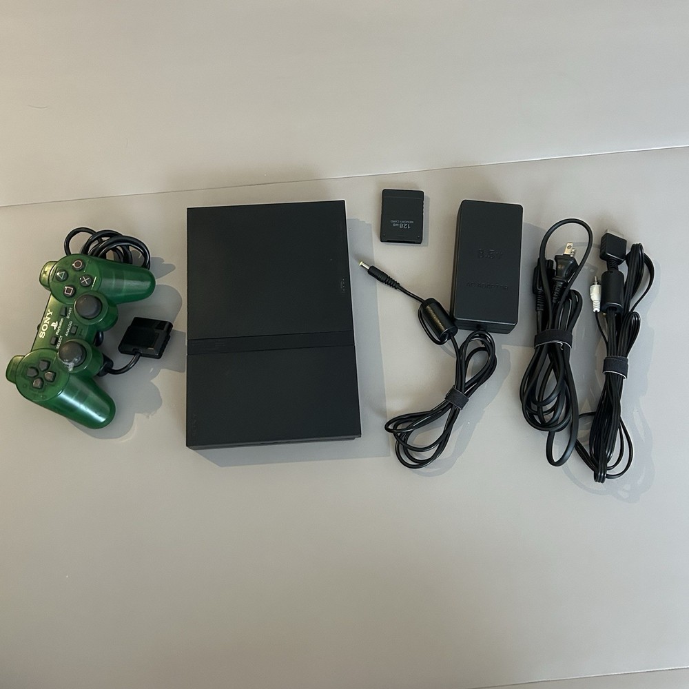 Sony PlayStation 2 Console Working with Green Controller and 128MB Memory Card
