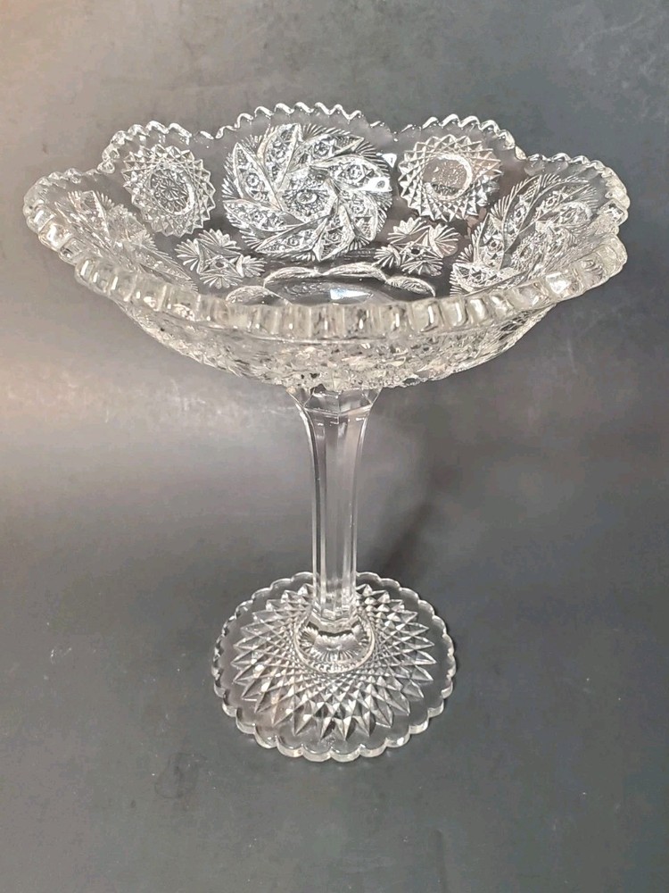 Vintage 1912-1920 EAPG Westmoreland Clear Buzz Swirl Star Glass Compote 7.5 Inch