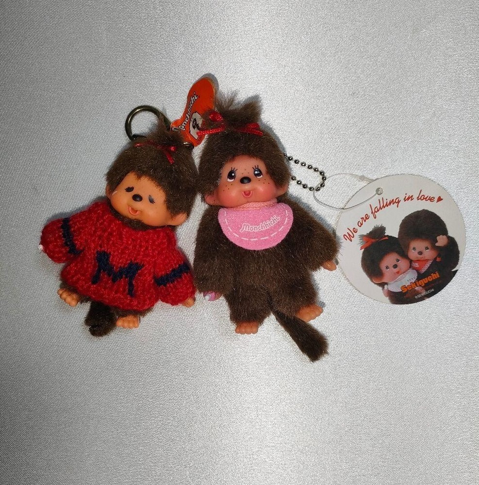 Sekiguchi Monchhichi Keychain Set 2-Pack Pink & Red Sweater Version with Tags