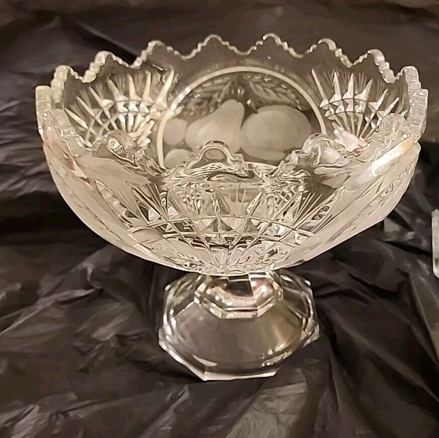 Vtg Mikasa Crystal Glass Fruit Bowl, Compote, Etched 8½ Wide 7½