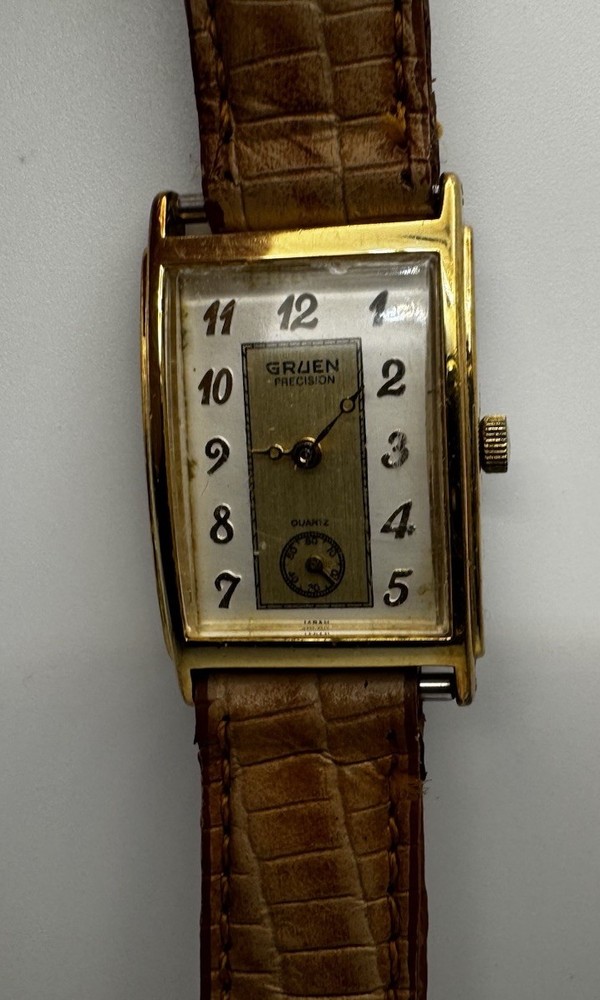 Vintage Gruen Precision Quartz Watch Gold‑Tone Rectangular Japan Movt Working