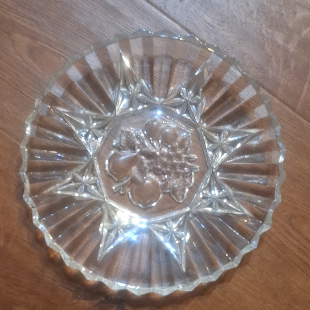 Clear Glass Round Dish, Fruit Motif Pattern, Pressed Glass Decorative Finish