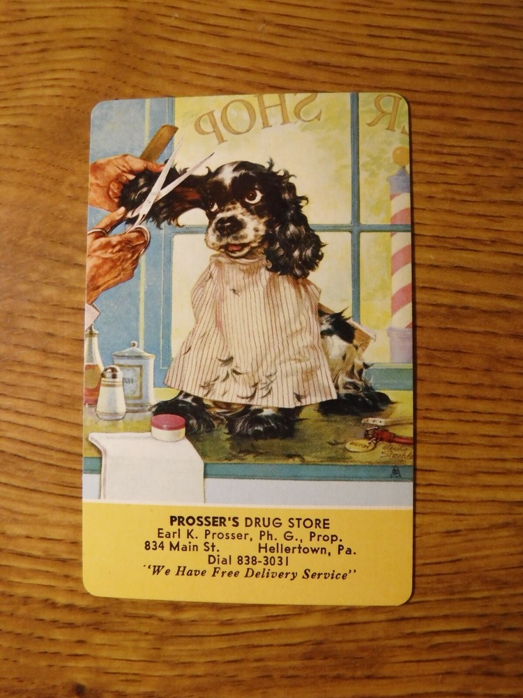 MID 1900'S VINTAGE PLAYING CARD SWAP COUPON BUTCH DOG GETTING HAIR CUT