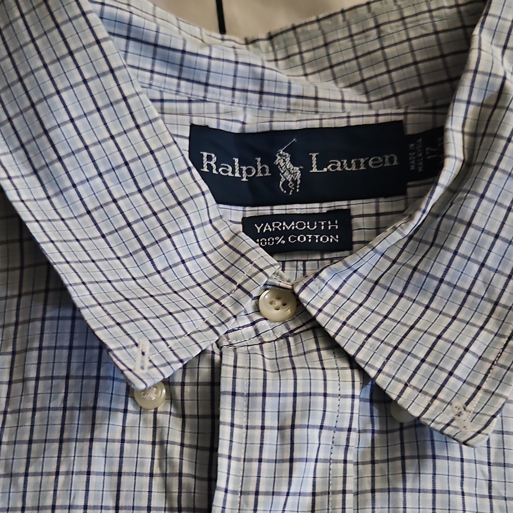 Ralph Lauren Yarmouth Blue White Check 100% Cotton Men's Dress Shirt 17 34/35