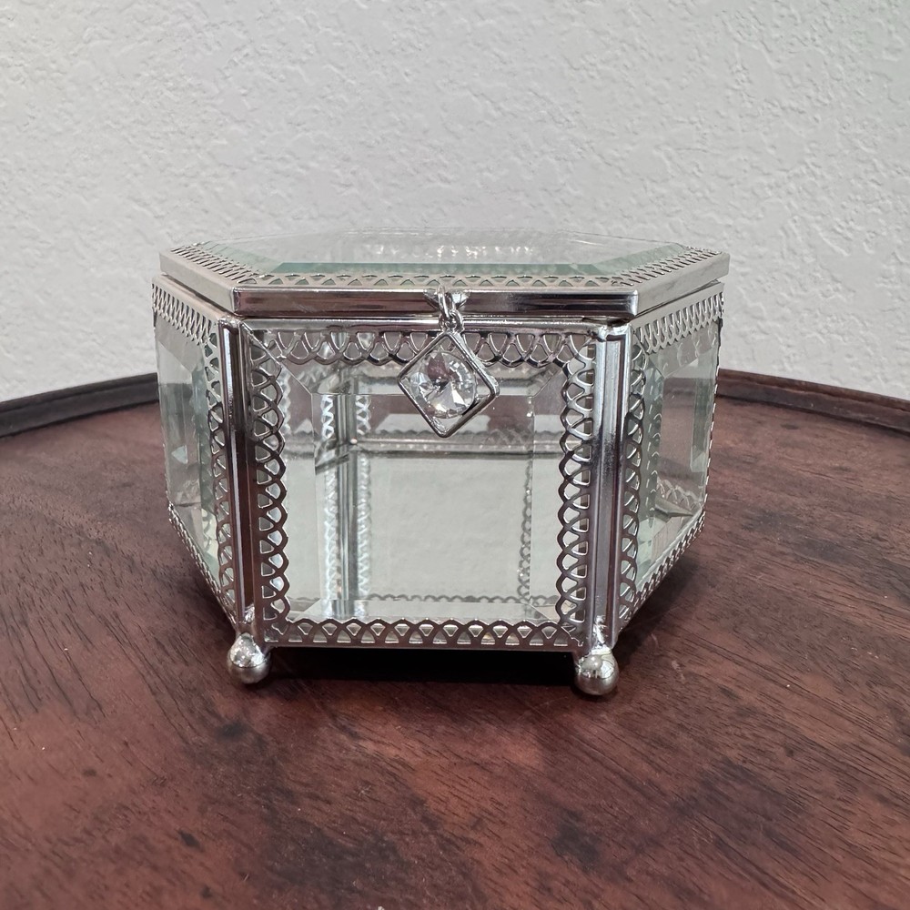 Footed Jewelry Trinket Box By Nicole Miller Metal & Glass Mirror Bottom Beveled