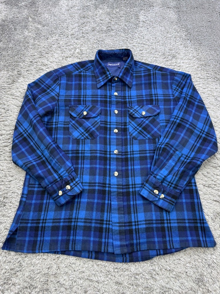 Vintage Sears Blue Plaid Acrylic Western Flannel Shacket for Men Size Large