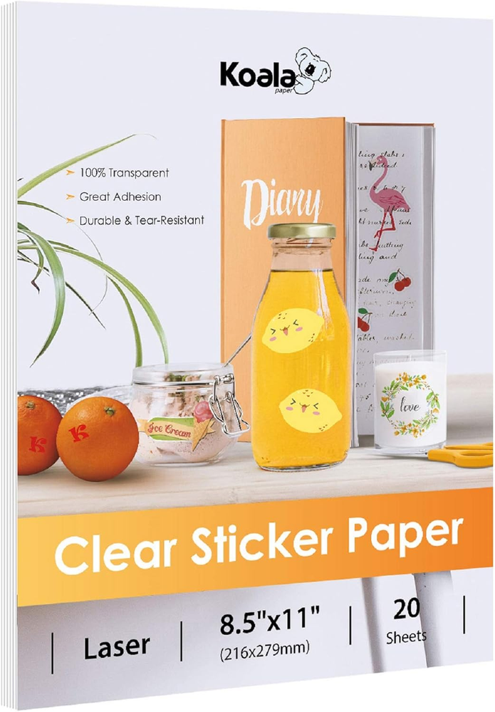 Koala Printable Clear Sticker Paper - ONLY for LASER Printer - 8.5X11 Inch 20 Sh