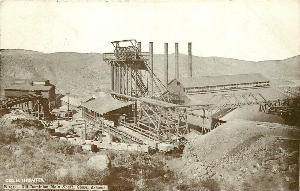 1909 Globe Arizona Old Dominion Main Shaft occupation Thwaites Postcard 25-5808