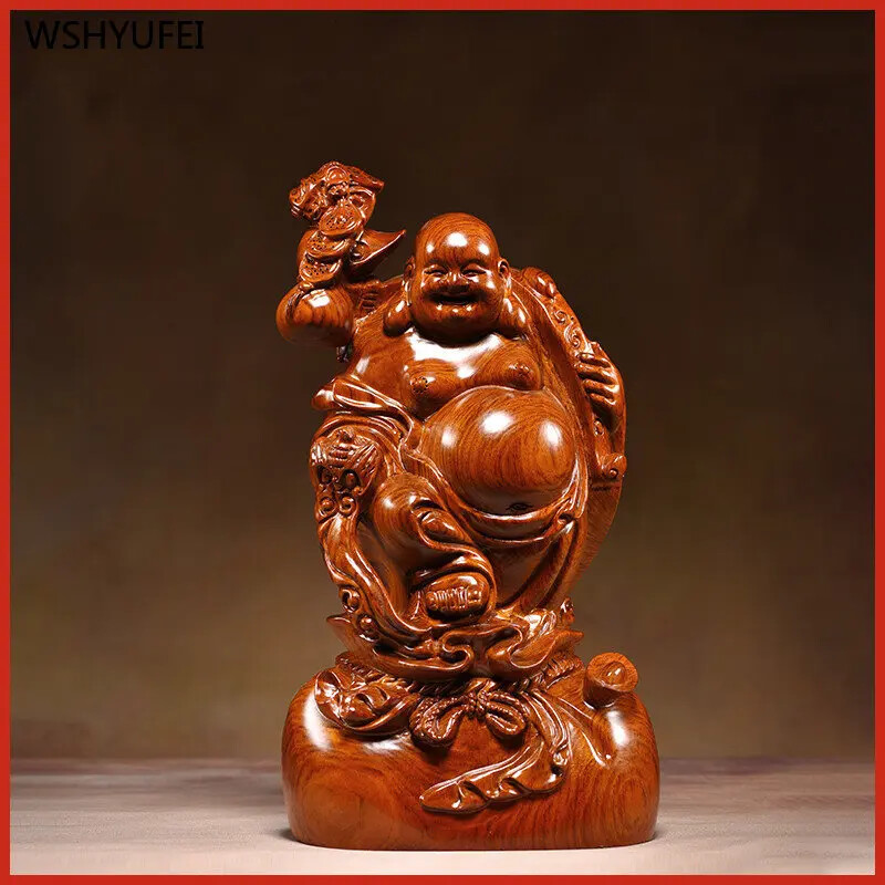 Maitreya Buddha Wood Carving Statue Pear Wood Home Decor Furnishing