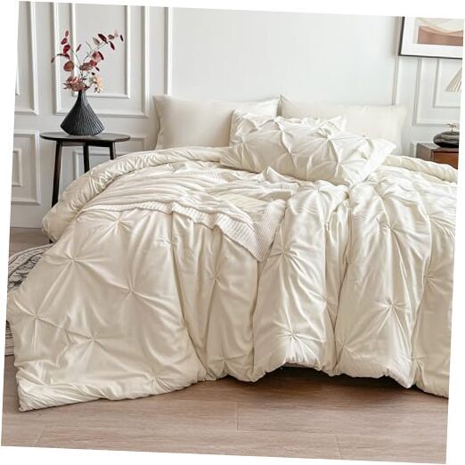 Comforter Set, 7 Pieces Bed in a Bag Pintuck Bedding Sets Queen Cream White