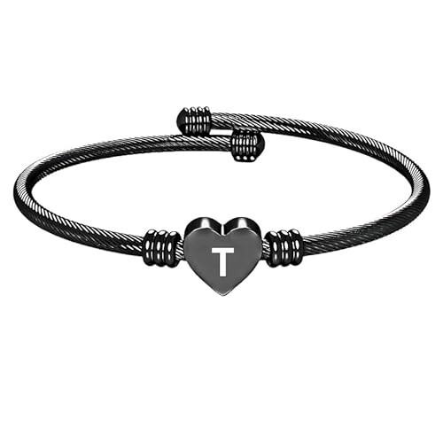 Stainless Steel Heart Word-T Bracelet Engraved Charm Bracelet for Women Black