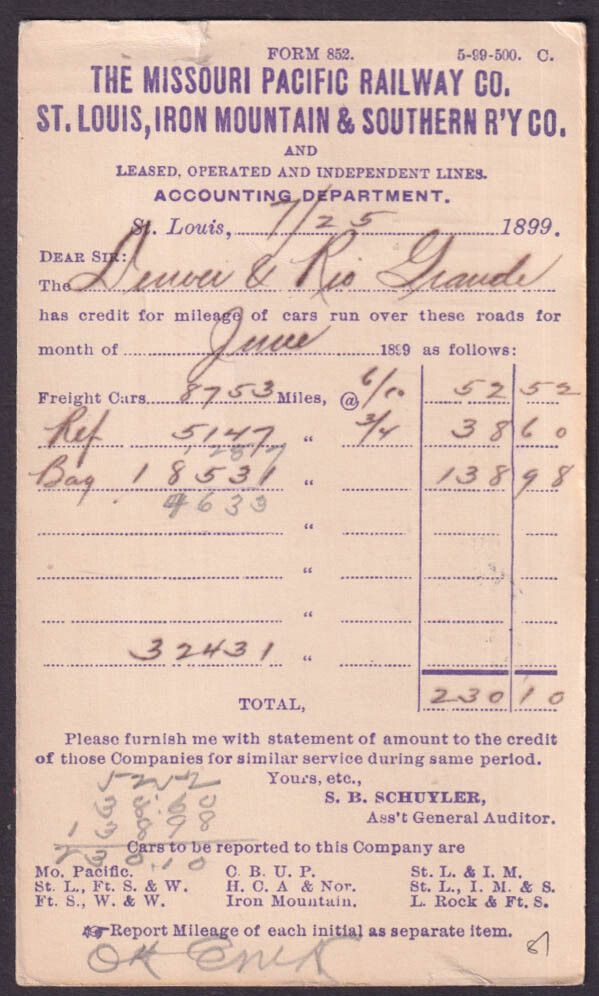 Missouri Pacific / St Louis Iron Mountain & Southern RR postal card 1899