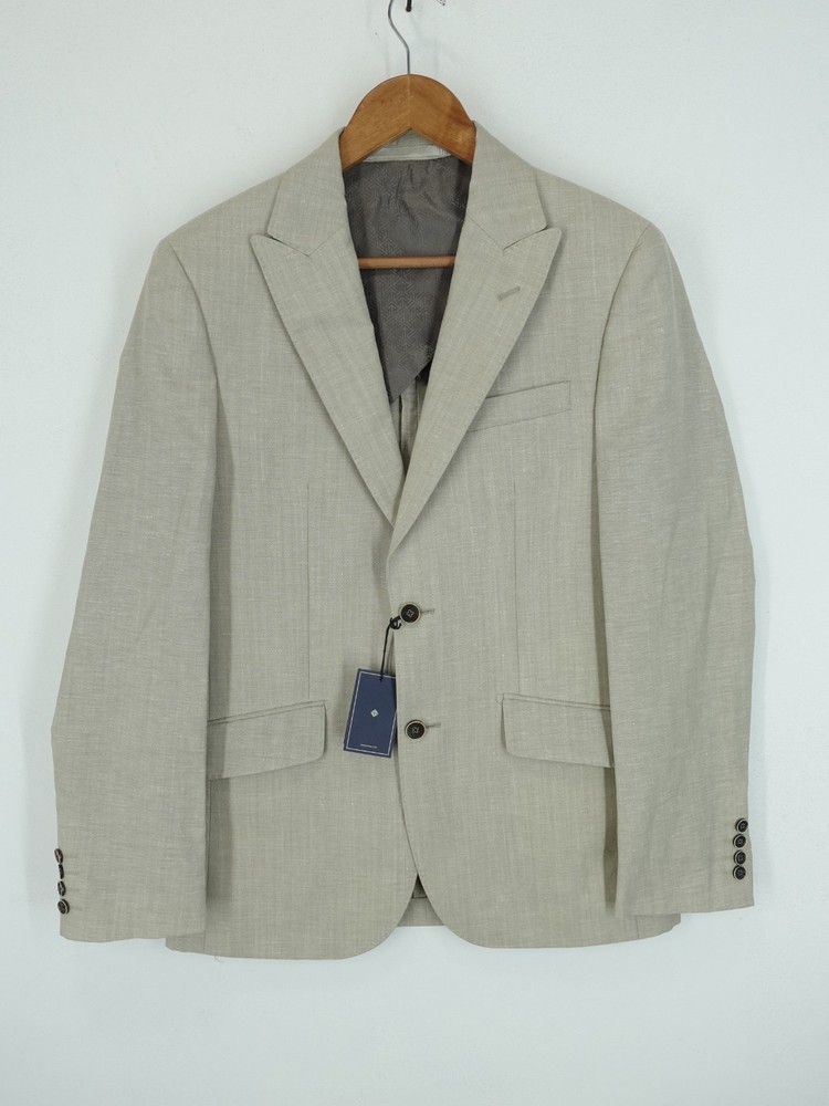 Hardy Amies Jacket Mens 38R Beige Grey Linen Wool Smart Formal Blazer Wedding