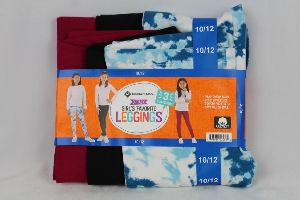 Members Mark Girls 3-Pack Leggings 10/12 in Tie Dye Black Rose Sangria-image