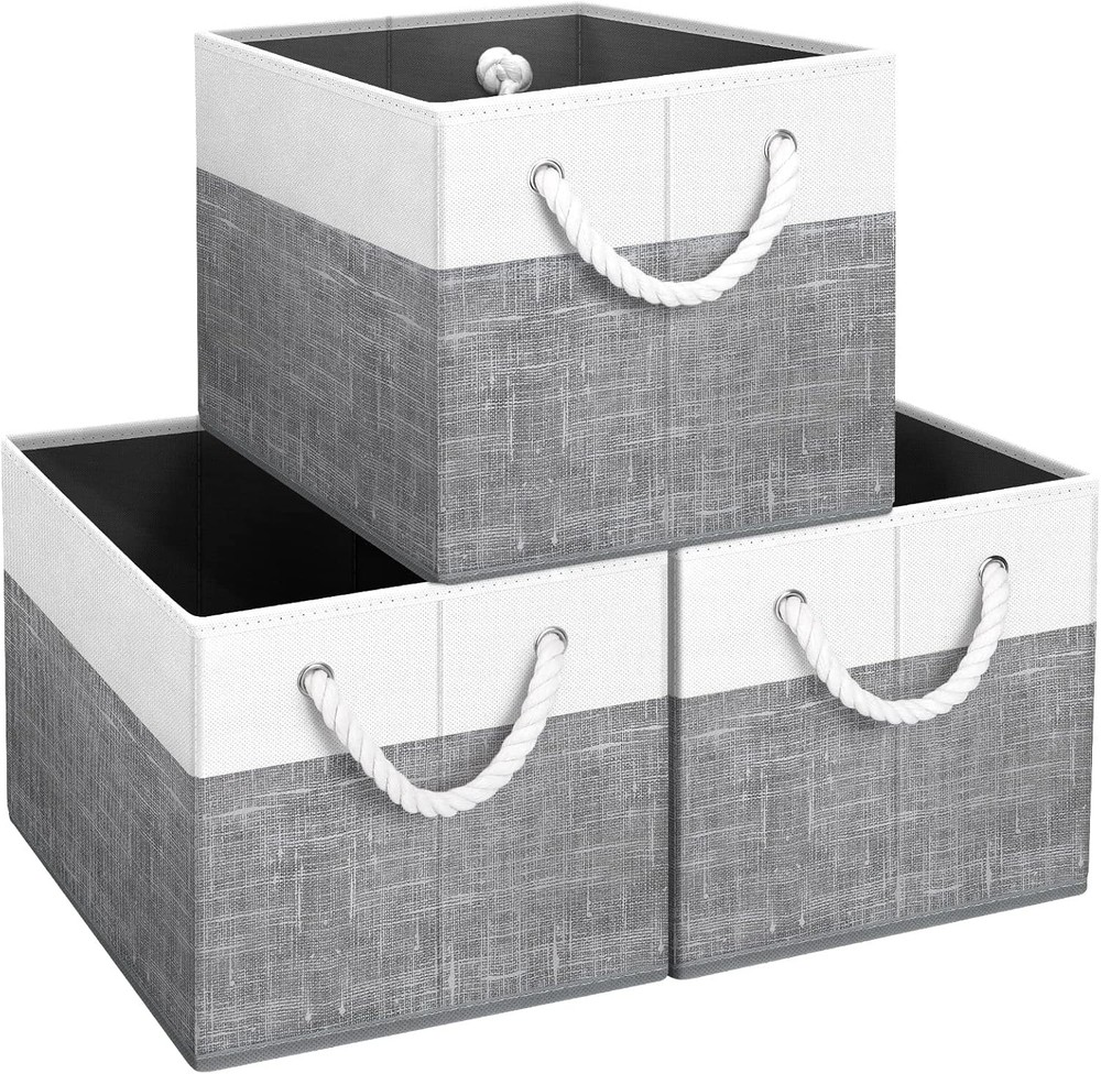 Foldable Fabric Storage Bins 3-Pack in White & Grey