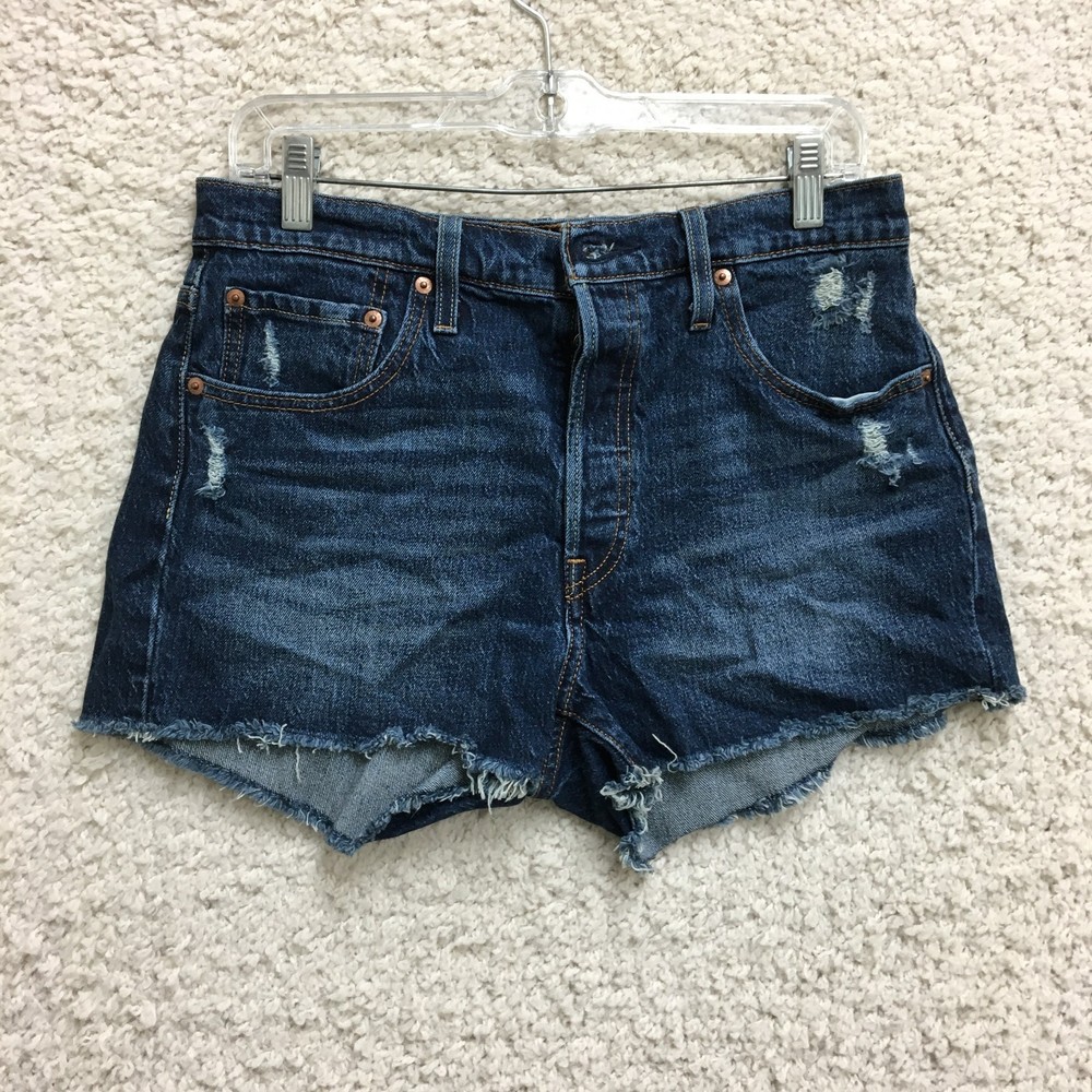 Levis 501 Shorts 29 Womens Blue Denim Cut Off Button Fly High Rise Distressed