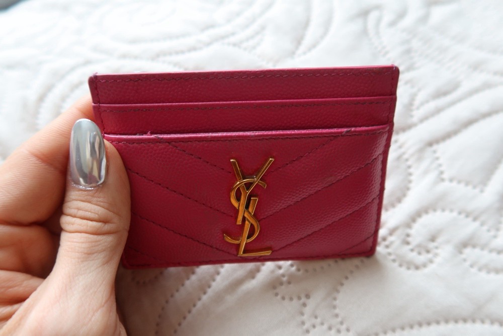Saint Laurent YSL Pink Chevron Leather Card Holder Gold Logo Wallet Authentic