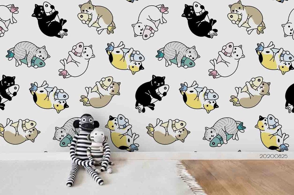 3D Hand-drawn Cat Fish Pattern Wall Murals Wallpaper Murals Wall Sticker