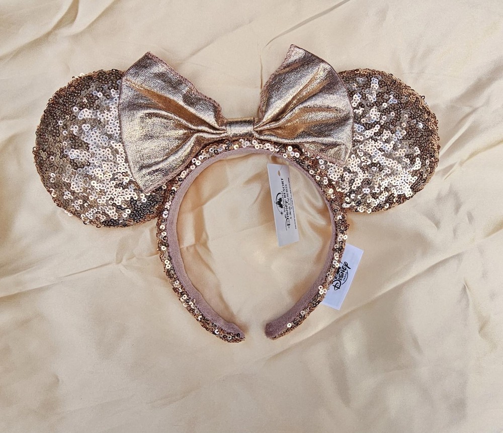 Disney Parks Rose Gold Sequin Bow Minnie Ears Headband Sparkly Bling NWT