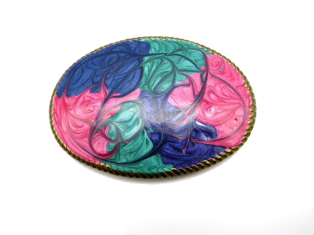 Womens Oval Belt Buckle Enamel Swirl Glitter Pink Green Blue Retro 1980s Vintage