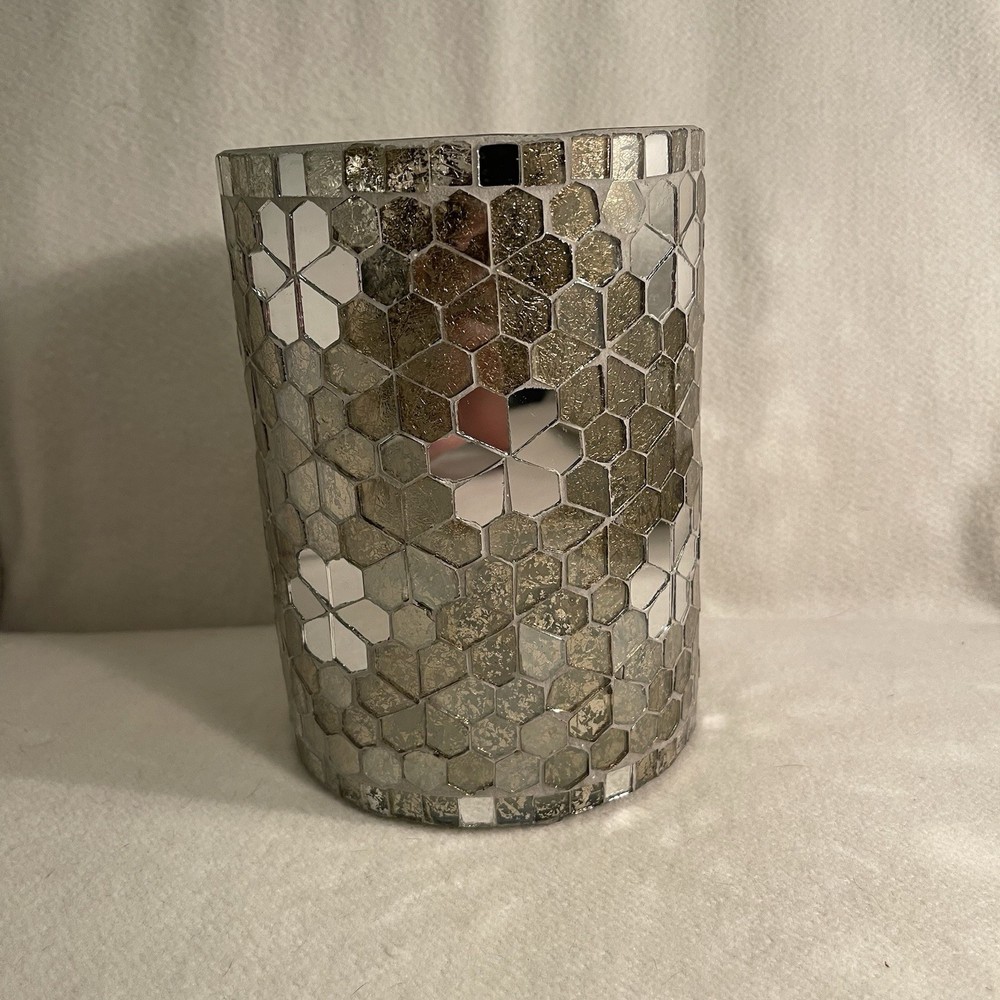 Silver Gold Mirrored Mosaic Hurricane Candle Holder 6.75 Inches Tall