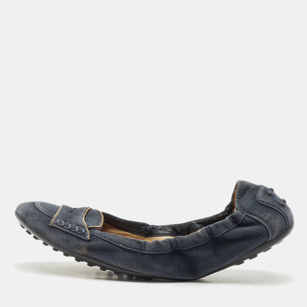 Tods Blue Suede Buckle Scrunch Ballerina Flats Size 38.5