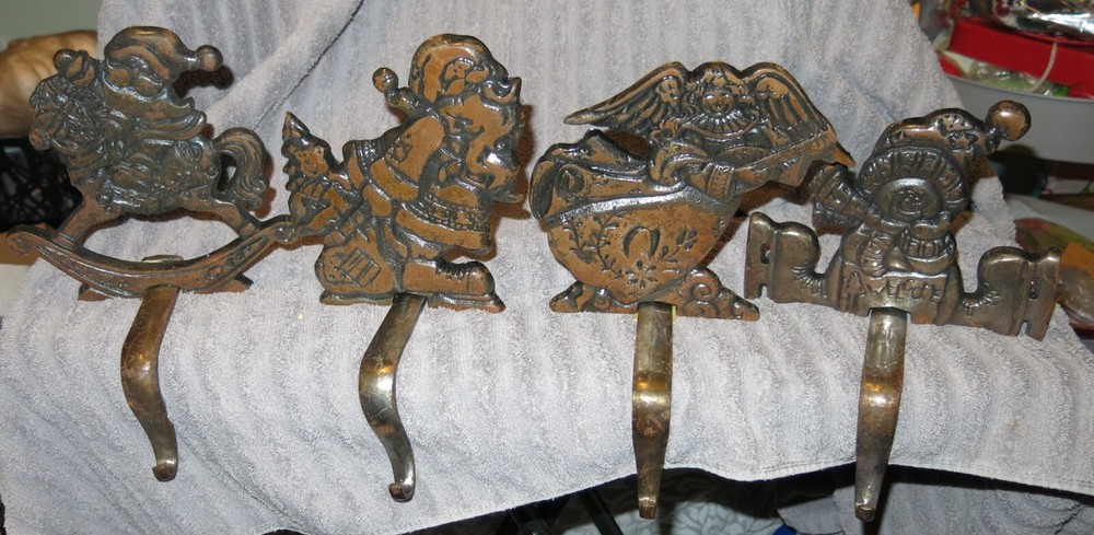 VTG Grandeur Noel x4 Christmas Stocking Hanger Cast Iron Santa Angel Snowman #1
