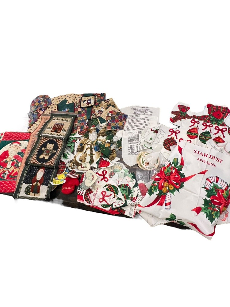 Estate Sale Christmas Appliqué Fabric Lot for Ornaments Quilted Santa Bag-image