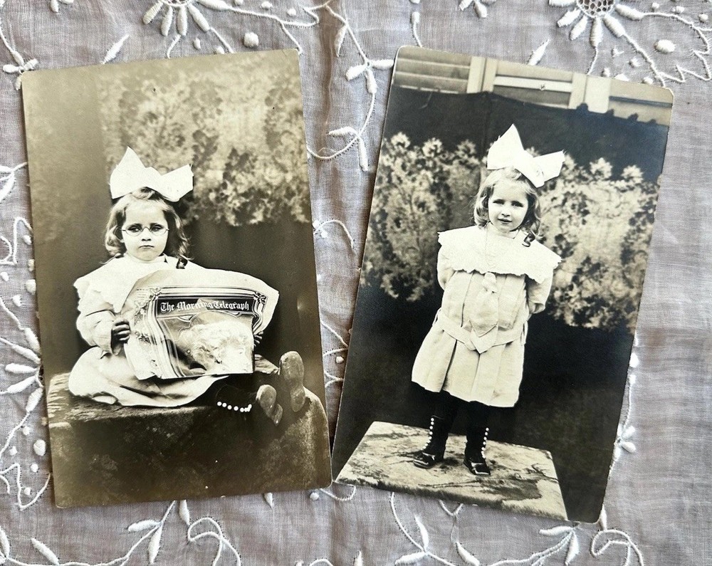 Antique 1910s girls kids reading news paper RPPC sepia photo postcard lot
