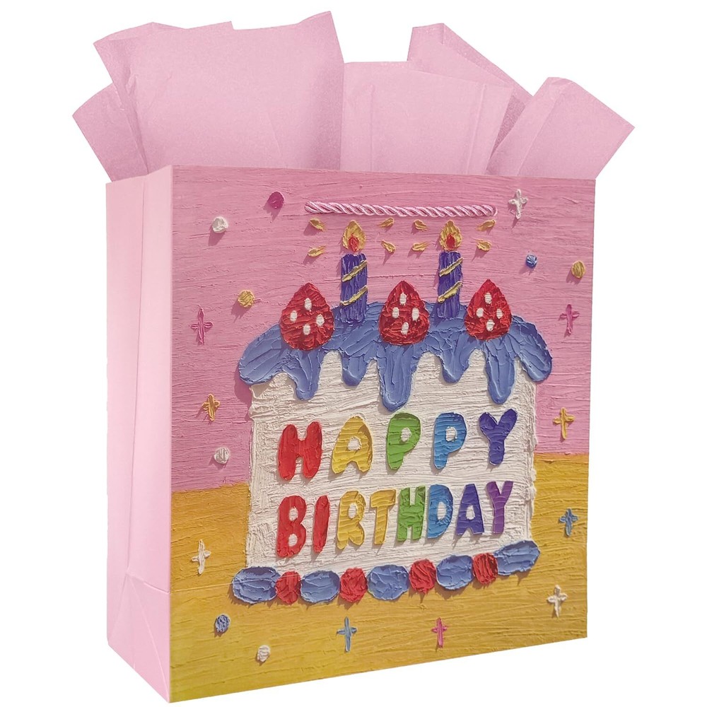 Medium Gift Bag with Tissue Paper Happy Birthday Candle Cake Pink 9 Inch