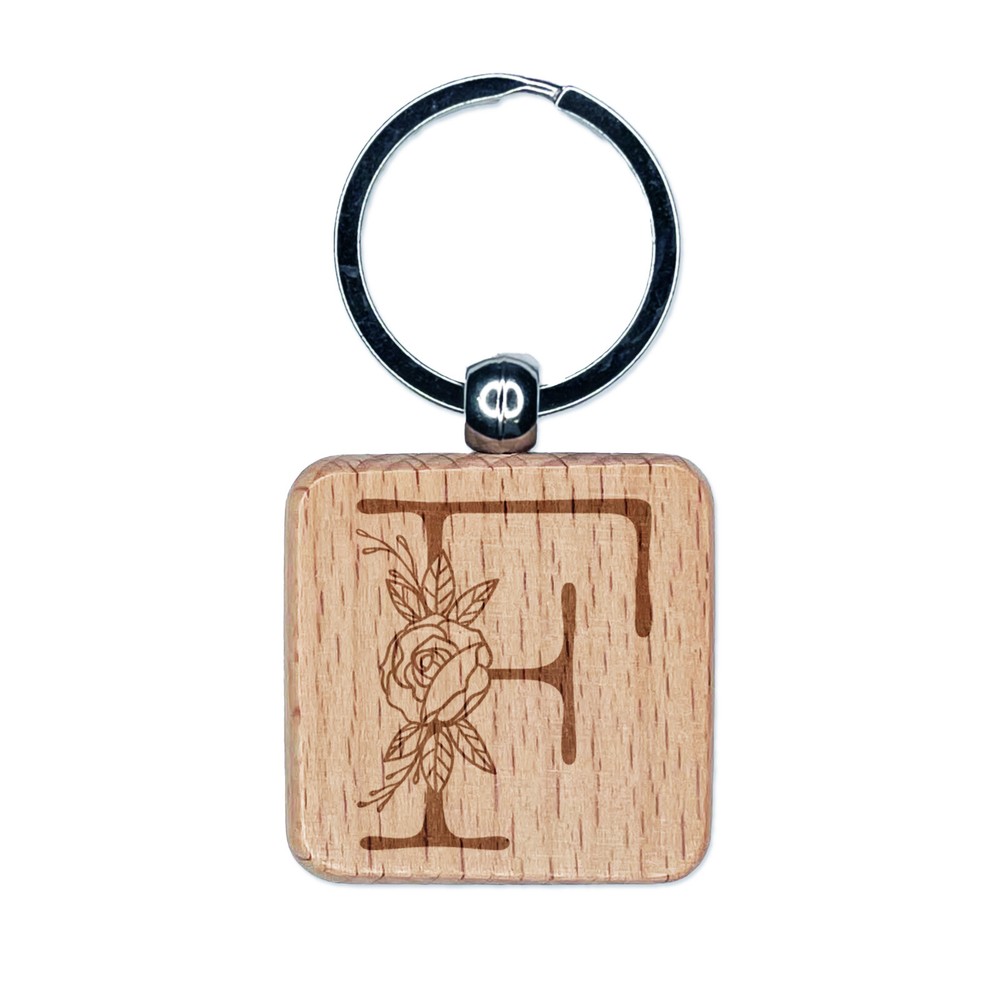 Rose Typewriter Font Wood Keychain with Engraved Capital F