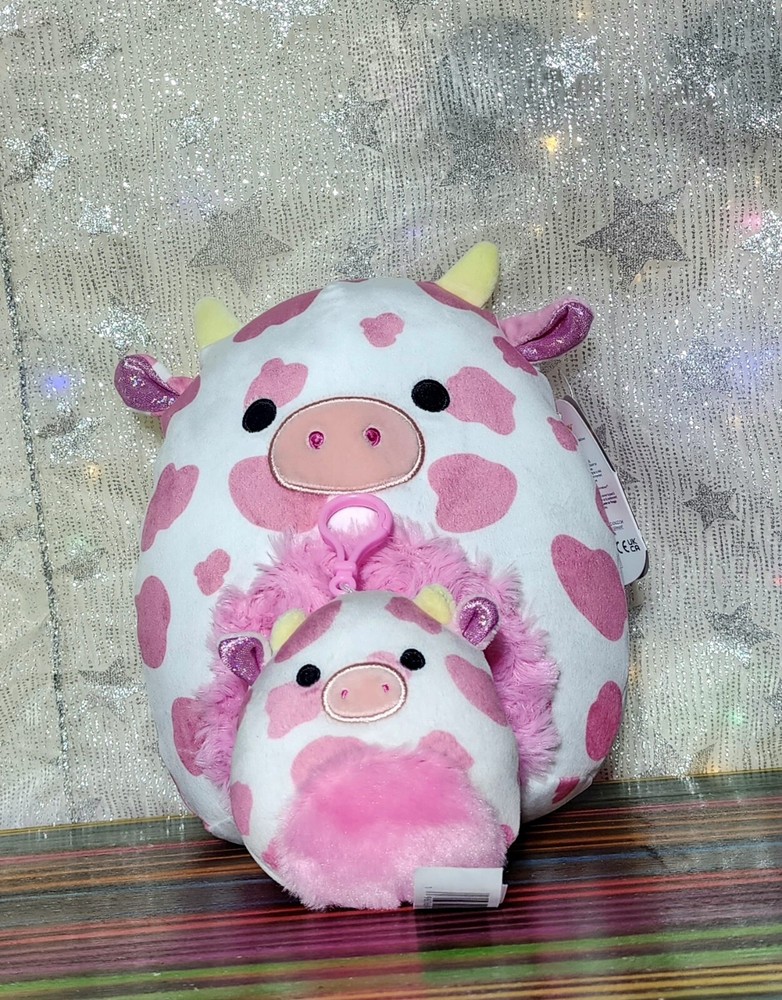 Valentines Squishmallow Evangelica Pink Spotted Cow 8 Inch with Clip 2 Piece Set-image