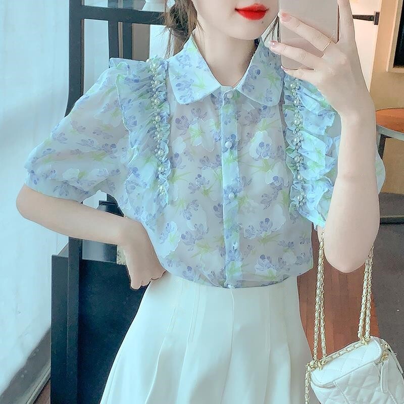 Women Floral Ruffle Beaded Chiffon Puff Sleeve Elegant Summer Tops Blouse Shirts