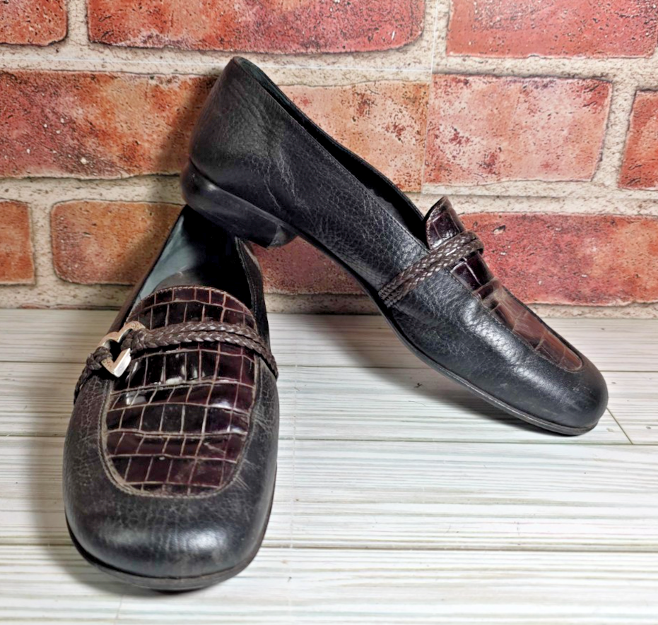 BRIGHTON COLBY LOAFERS W/ CROCODILE PRINT WOMENS 6.5 M BLACK/BROWN