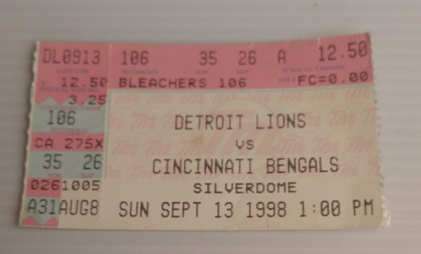 Barry Sanders Detroit Lions 28 vs Cincinnati Bengals 34 OT Ticket Stub 9/13/1998
