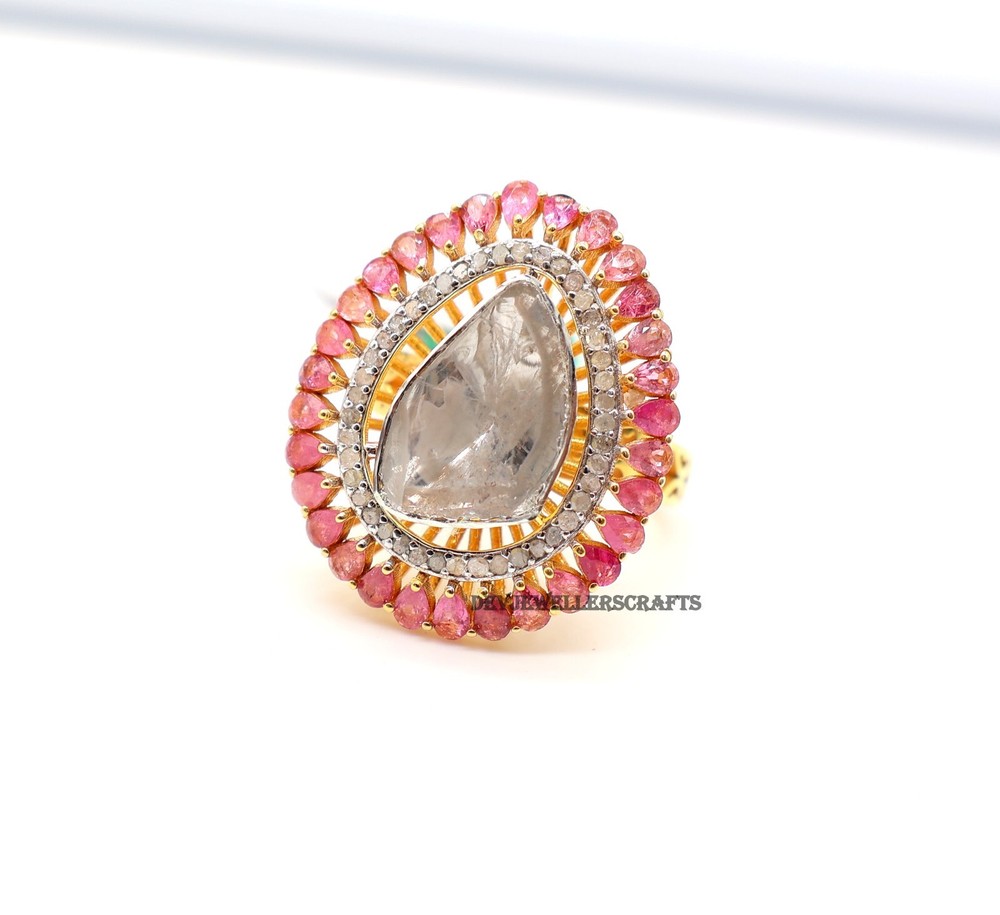 Ruby Gemstone & Pave Diamond 925 Sterling Silver Rose Cut Polki Ring Gold Plated