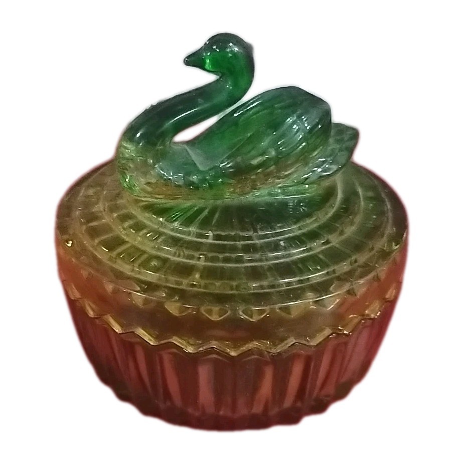 Vintage Cut Panel Green Glass Swan Lid Covered Powder Dish Trinket Box *4G