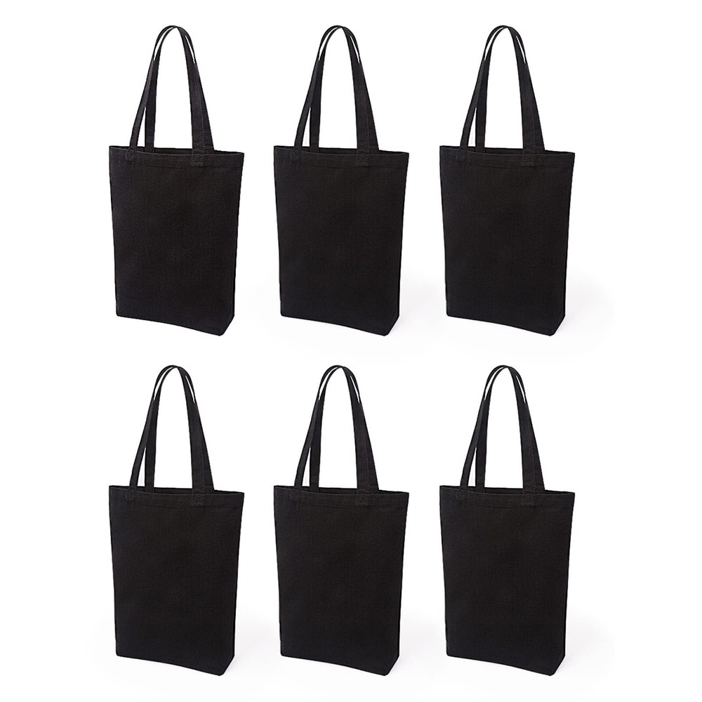 Natural Canvas Tote Bags DIY Reusable Shopping Grocery Bag (Black - 6 Pack)