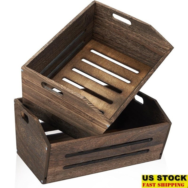 Rustic Wooden Crate Set Storage Organization Display Home Décor 2 Pack New