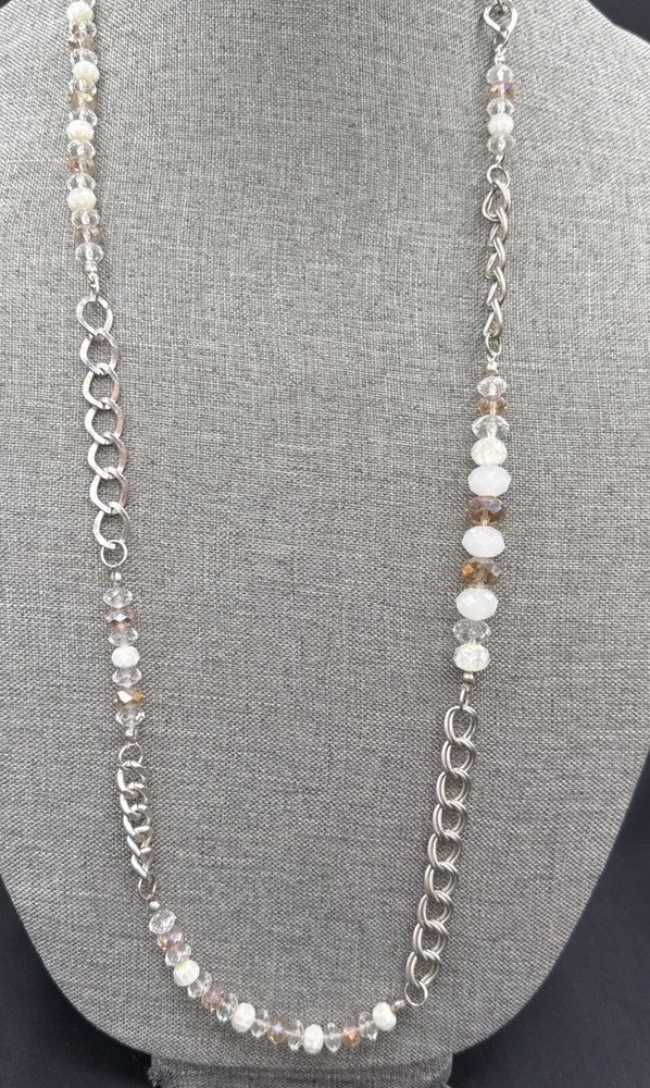 NECKLACE Silver Tone Chain White Clear Beads 36 Inches See Photos