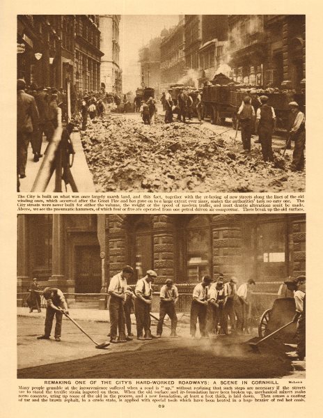 Relaying the street in Cornhill. City of London 1926 old vintage print picture
