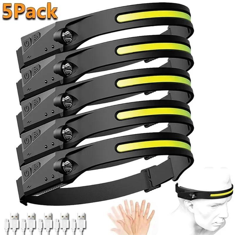 Rechargeable LED Sensor Headlamp - 5 Modes Head Torch for Camping & Fishing