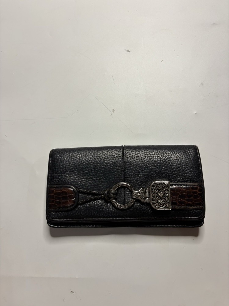 BRIGHTON Black Leather Clutch Clasp Organizer Flap Credit Card Wallet Y2K VTG